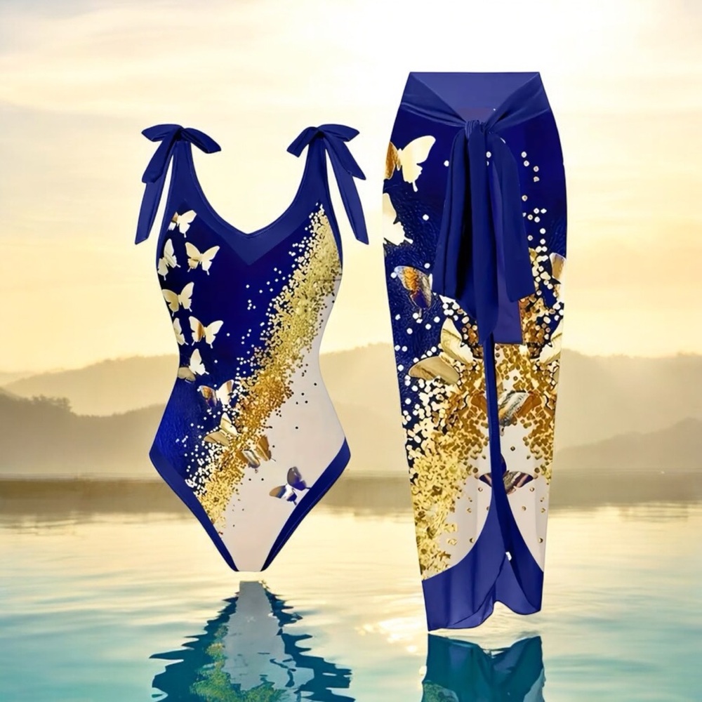 NEW Glittery Butterfly Print Swim Set • Sarong + 1-Piece Swimsuit |Size 18